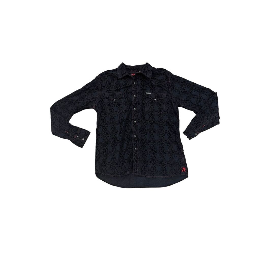 Southern Thread Men’s L Black Western Shirt Flocked Velvet Damask Pearl Snap Roc